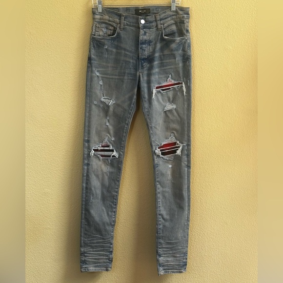 AMIRI MX1 Red Plaid Patch Underlay Distressed Jeans Size 31 New With Tags! - Picture 6 of 16